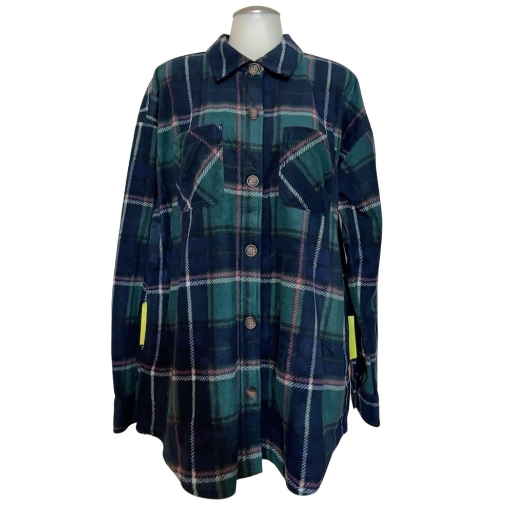 Maurices Womens Plaid Flannel Button Down Shirt Long‎ Sleeve Green Navy L